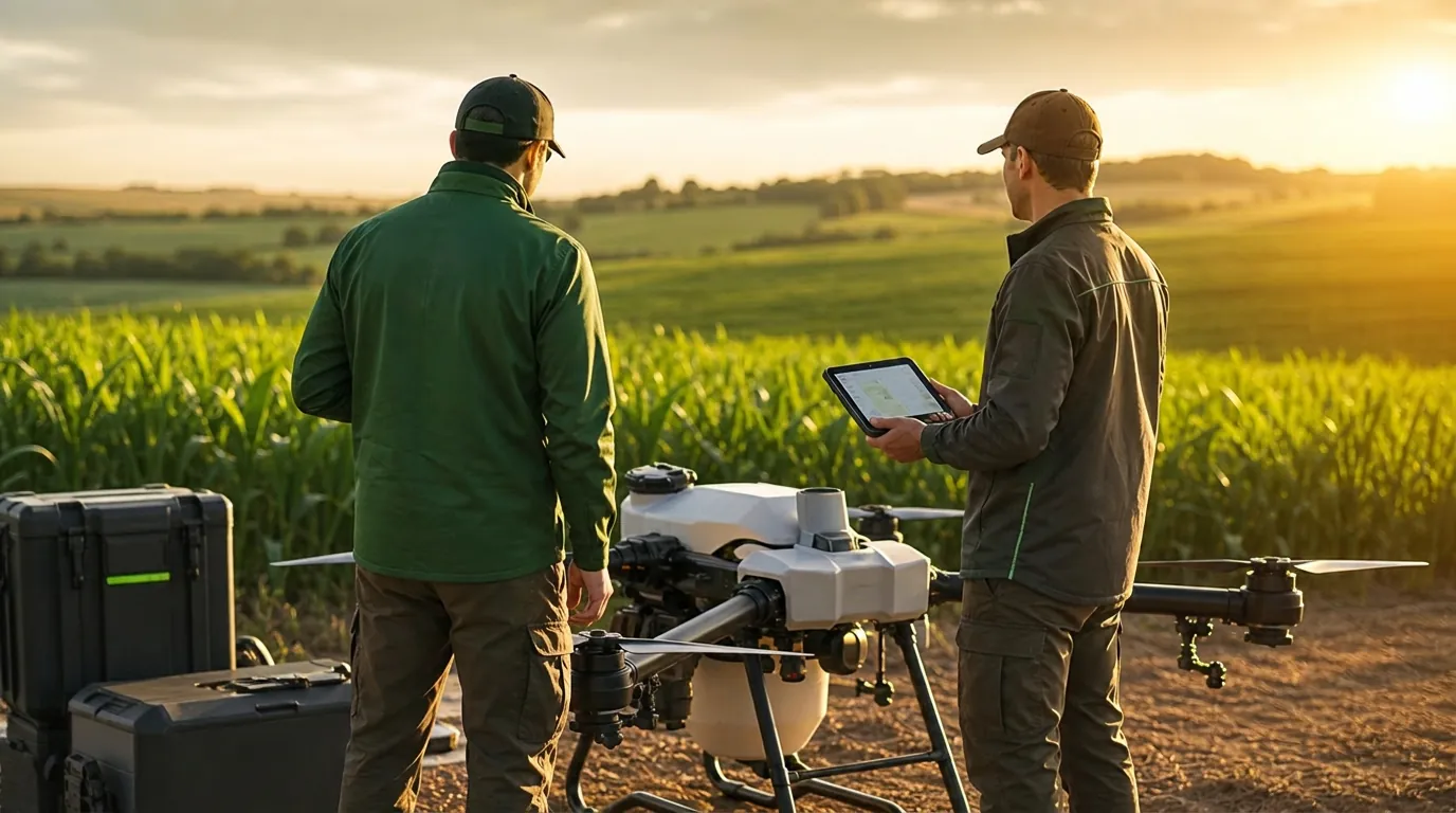 Echipă de operatori certificați pregătind o dronă agricolă profesională